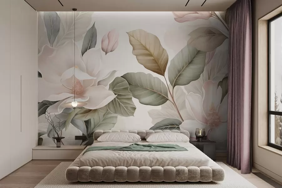 fototapet Flori de magnolie cu frunze în culori pastelate, alb, roz și verde, delicate, în stil acuarelă w09427