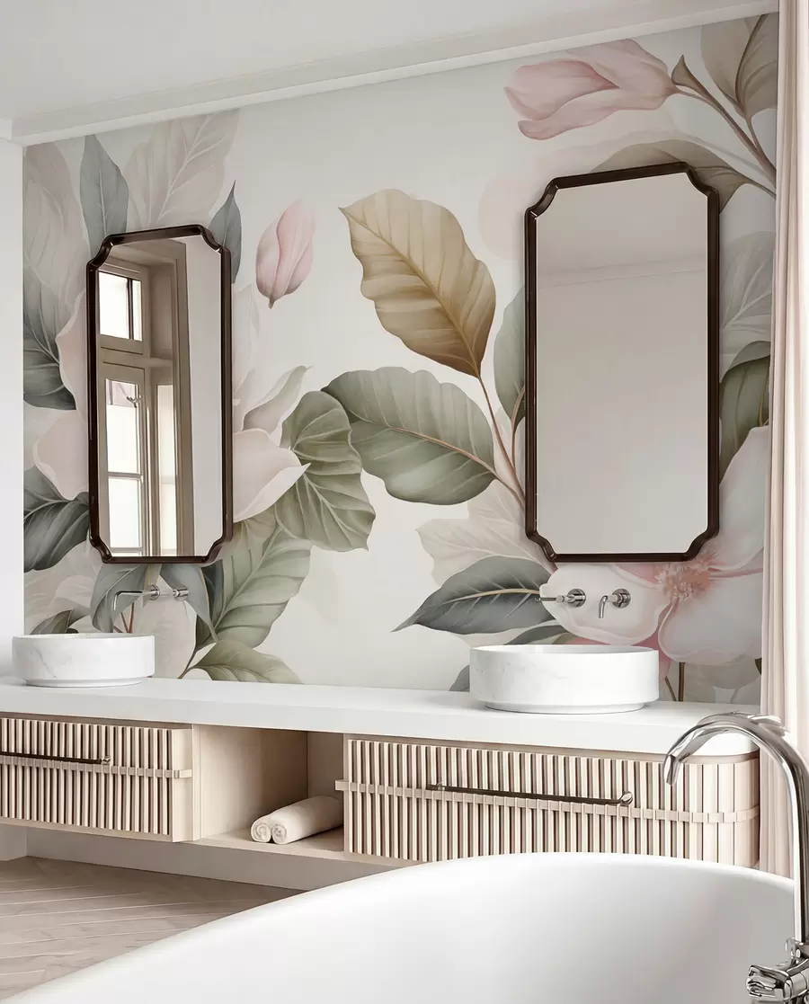 fototapet Flori de magnolie cu frunze în culori pastelate, alb, roz și verde, delicate, în stil acuarelă w09427