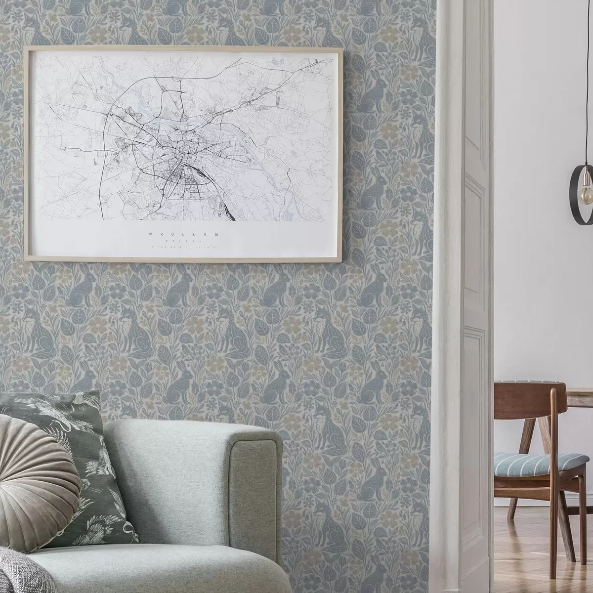 Wallpaper Animale și flori din pădure: vulpe și iepure în tonuri de albastru a00613