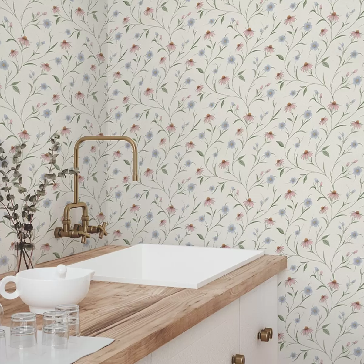 Wallpaper Margarete de câmp și echinaceea pe fond crem, luminozitate a00614