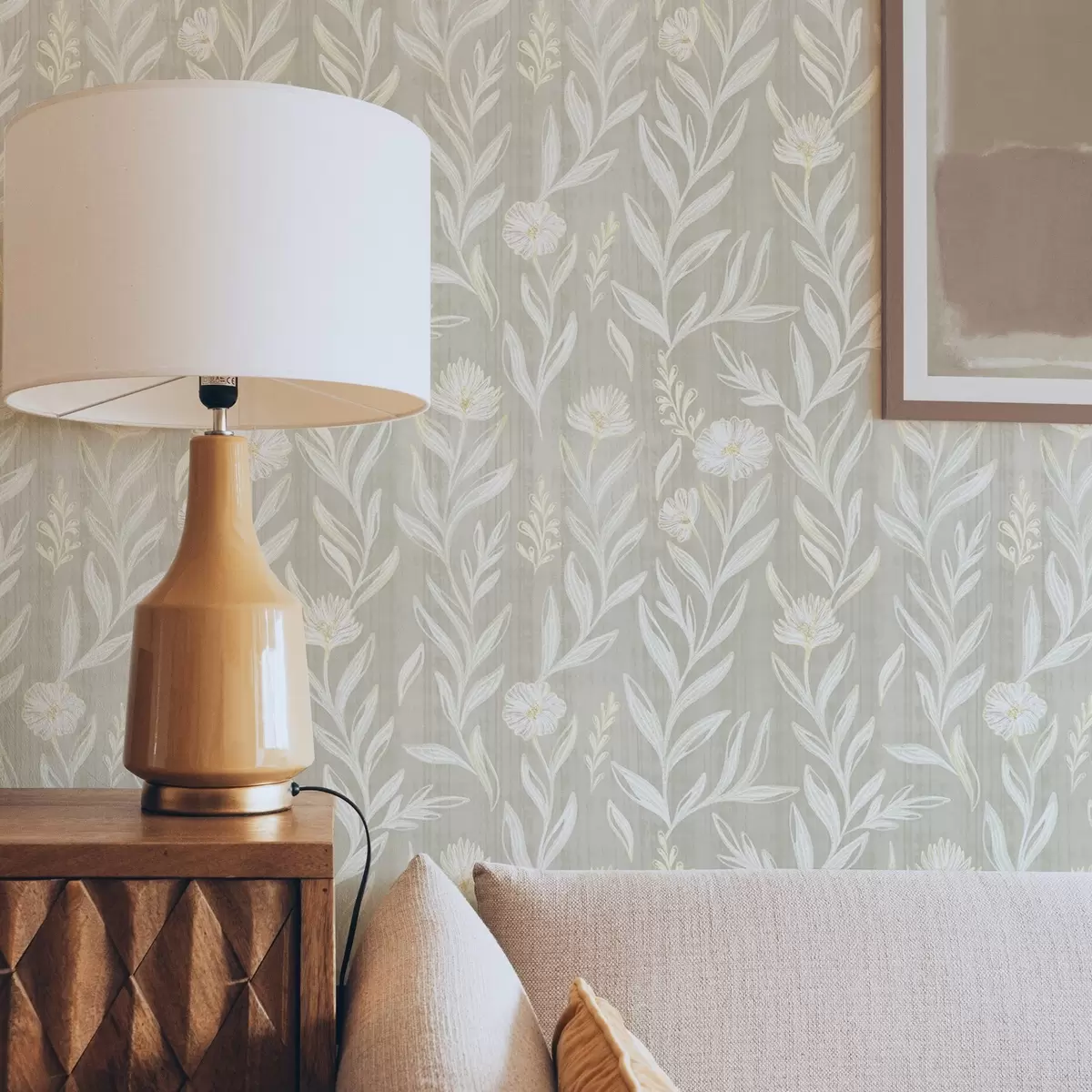 Wallpaper Ierburi și flori ușoare pe fundal bej, linii schițate a00618