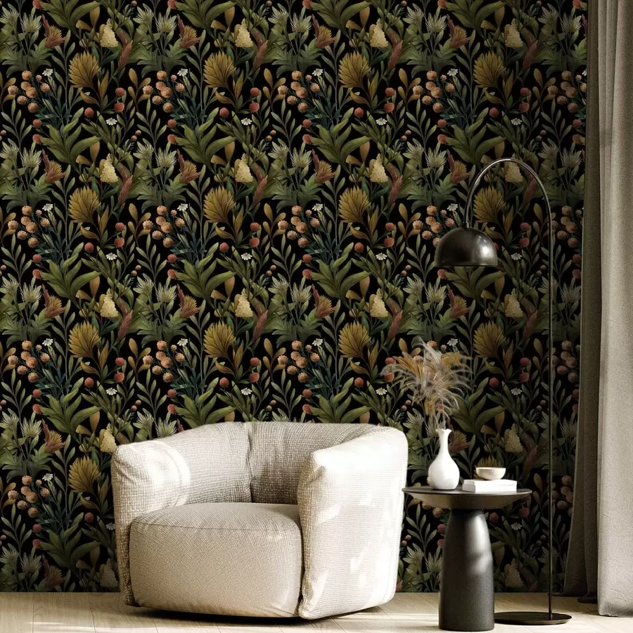 fototapet Grădină botanică pe fundal negru, paletă caldă de toamnă a00619