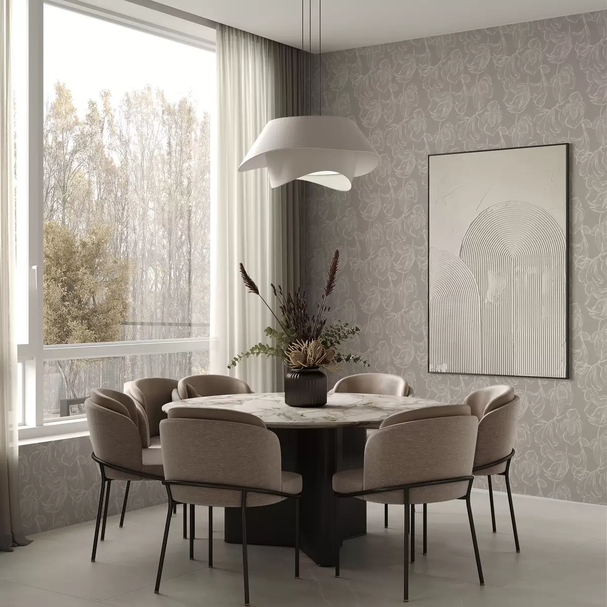 Wallpaper Flori conturate cu crem pe un fundal cald de culoare gri-bej a00625v2