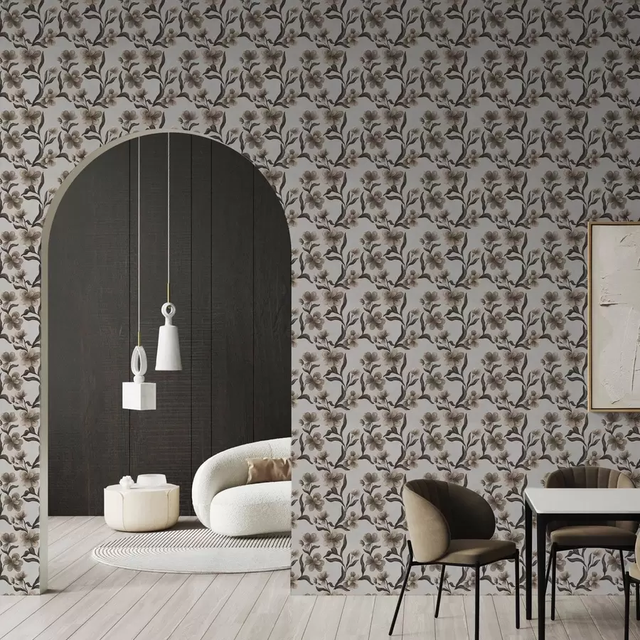 fototapet Flori bej și ramuri întunecate pe un fundal gri deschis a00626v1