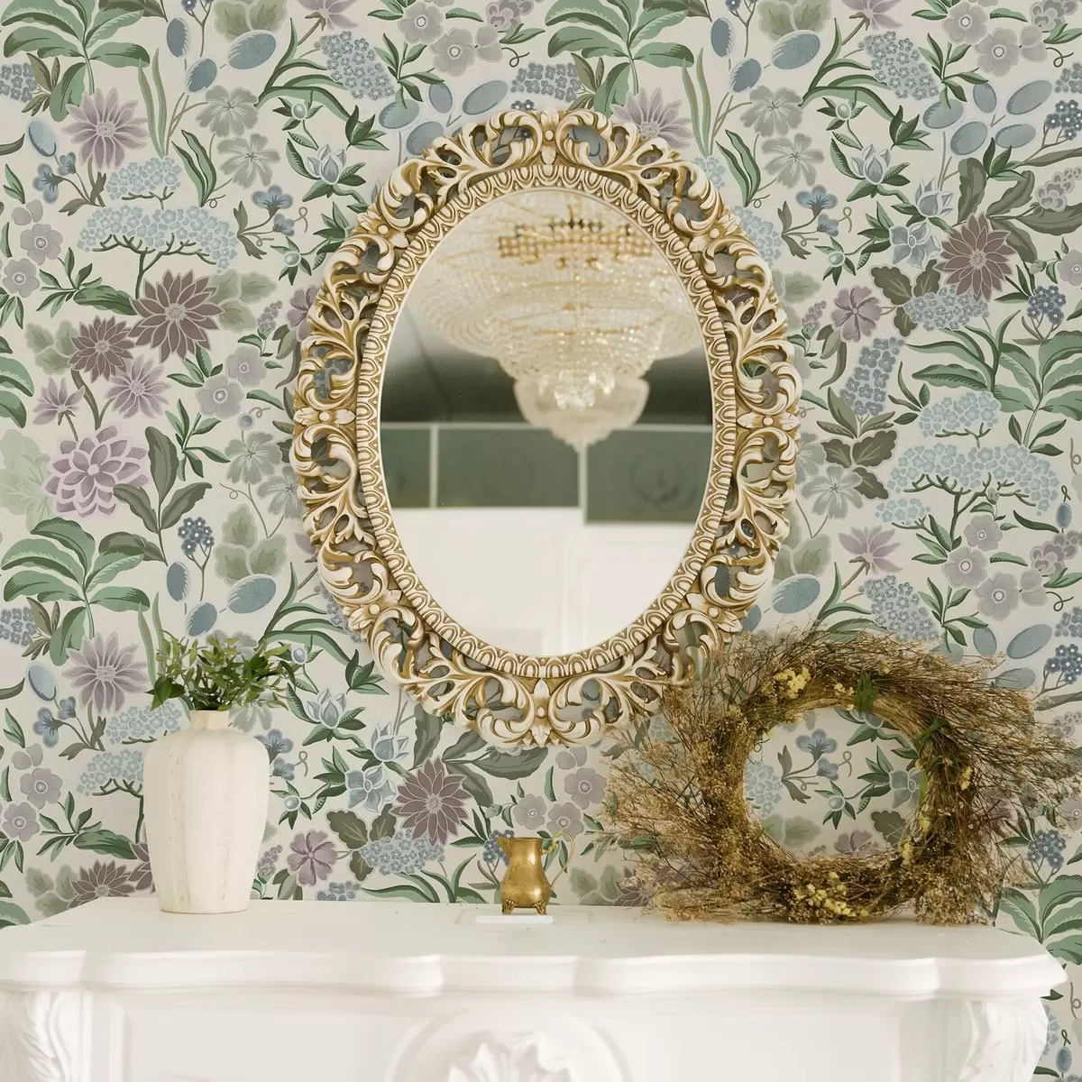 Wallpaper Flori și frunze pastelate într-o paletă de culori albastru mentă a00642