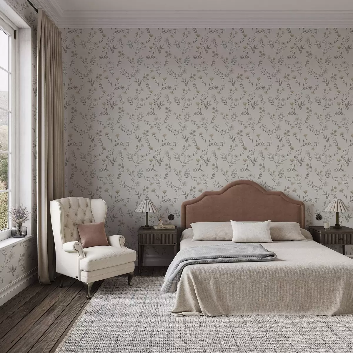 Wallpaper Ramuri și flori mici pictate în acuarelă pe un fundal deschis a00665