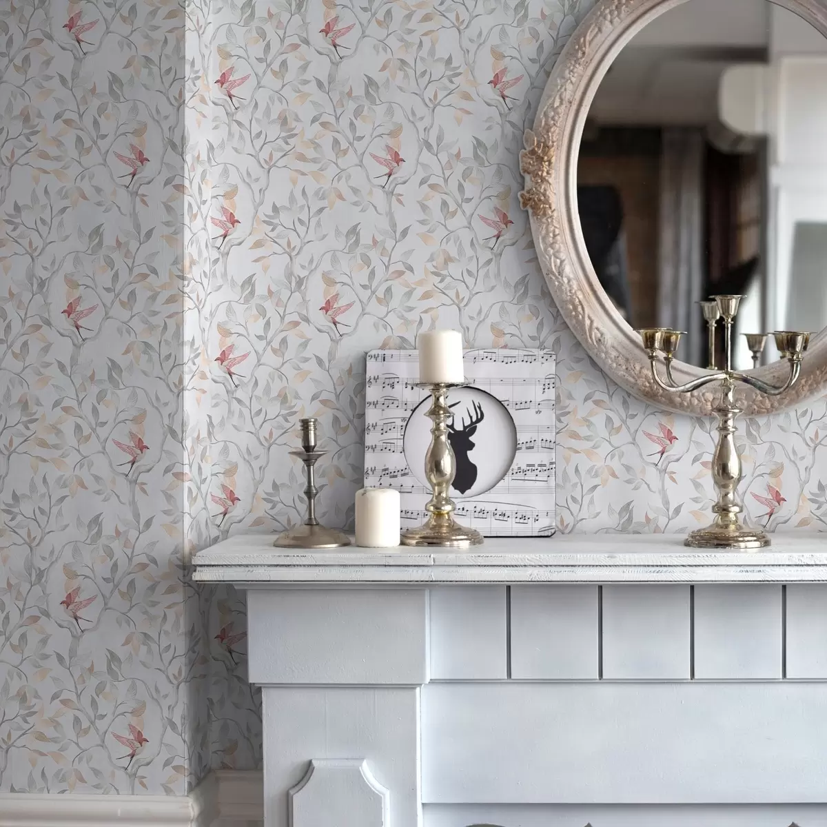 Wallpaper Ramuri ușoare cu frunze și păsări în nuanțe de piersică a00716