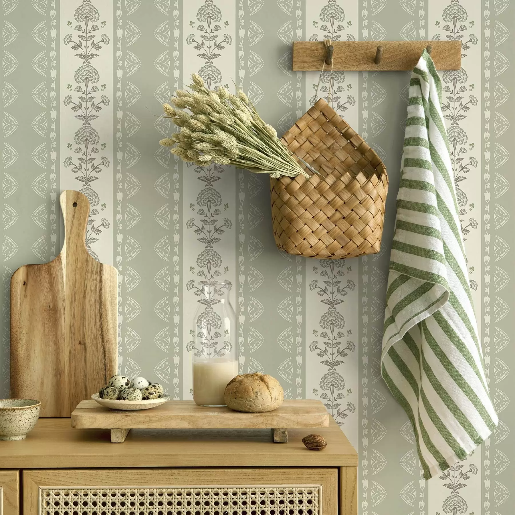 fototapet Ornament cu dungi și coloane florale în nuanțe de salvie a00719