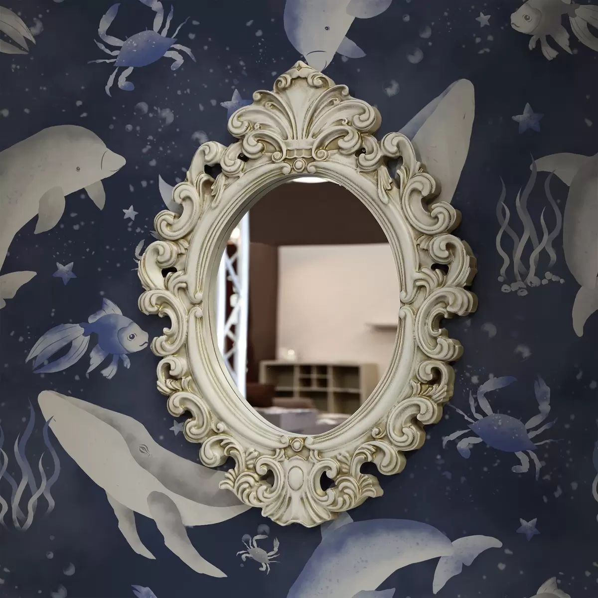 Wallpaper Balenele marine, delfinii și crabii pe un fundal albastru închis a00720