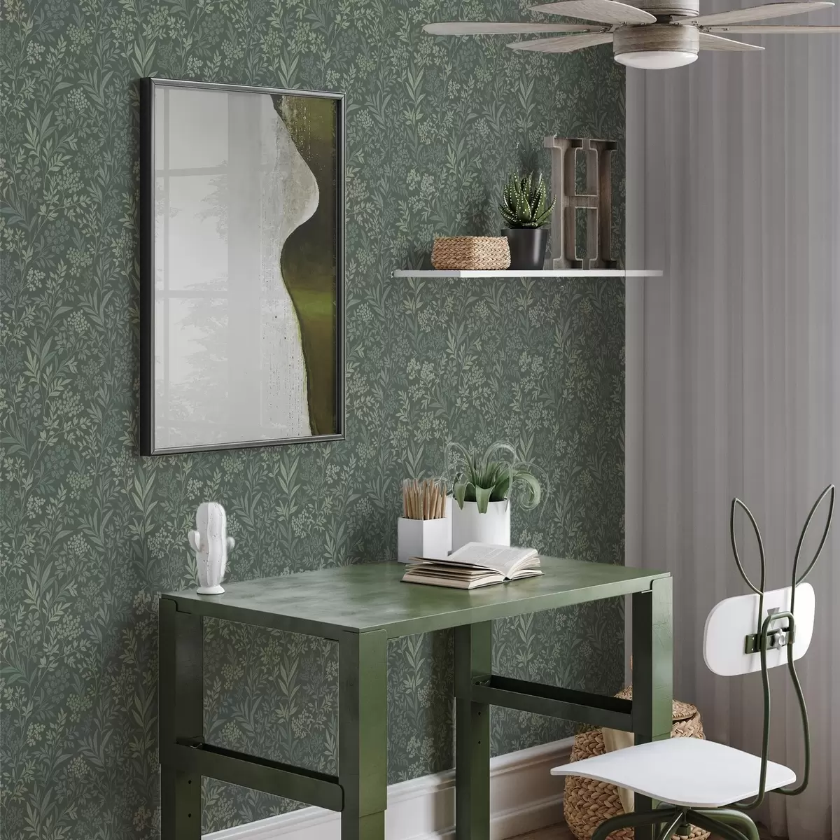 Wallpaper Ierburi și fructe de pădure de smarald, model botanic fin a00740