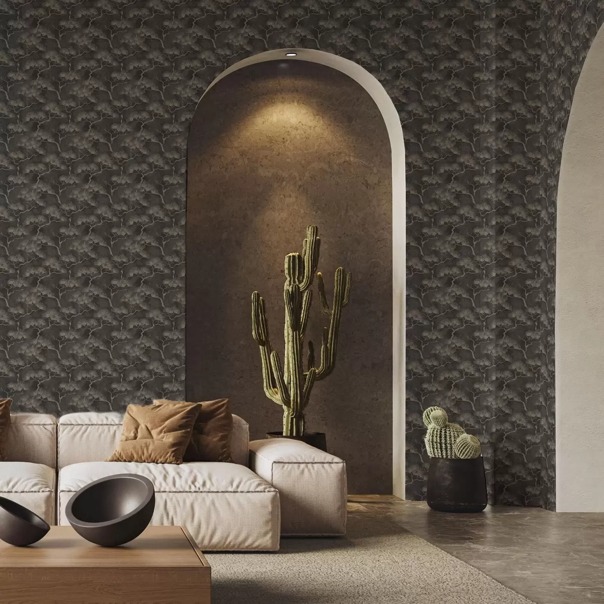 Wallpaper Siluete de pini pe un fundal întunecat, textură ceață a00742