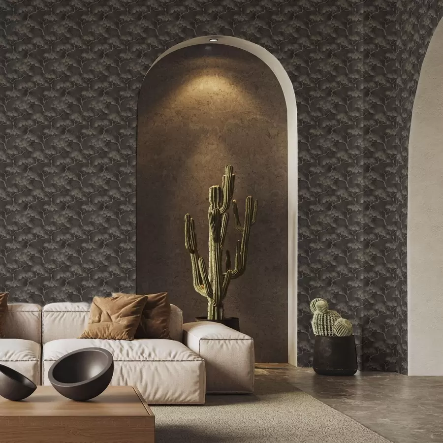 fototapet Siluete de pini pe un fundal întunecat, textură ceață a00742