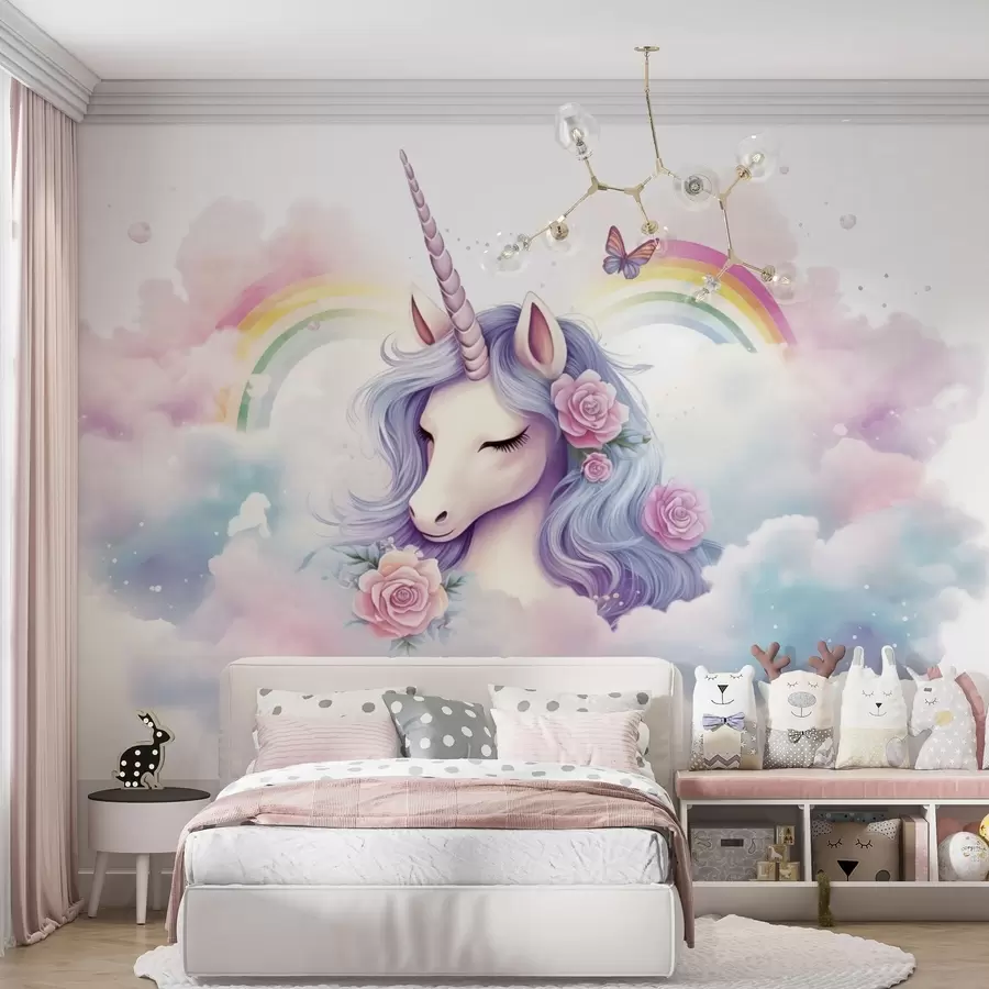 fototapet Unicorn pastelat în nori cu curcubeu și trandafiri w03990