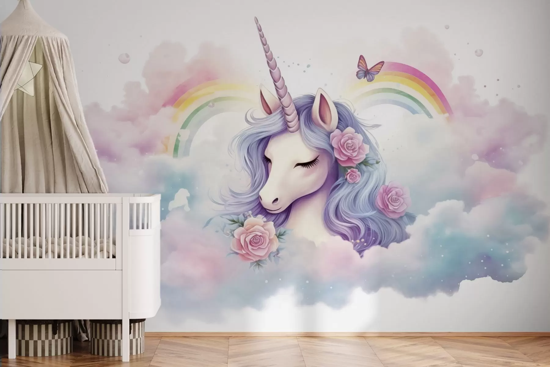 fototapet Unicorn pastelat în nori cu curcubeu și trandafiri w03990