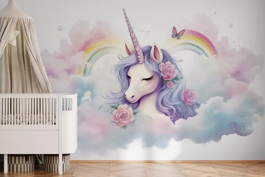 fototapet Unicorn pastelat în nori cu curcubeu și trandafiri w03990