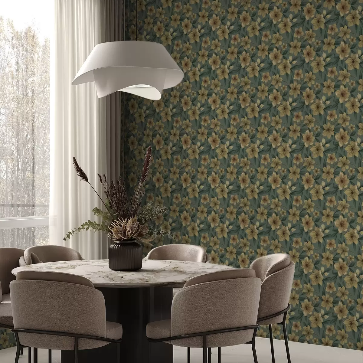 Wallpaper Flori ocru pe un fundal verde intens, model dens a00628