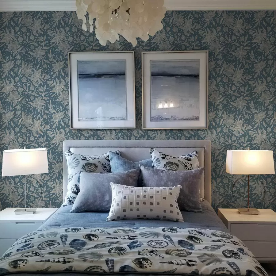 fototapet Flori crem liniare pe fond albastru, volute delicate a00630