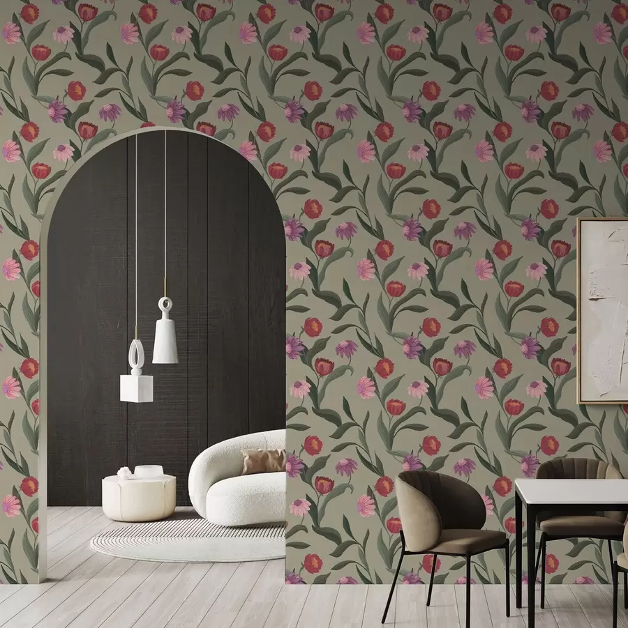 fototapet Flori roz-roșii pe fundal măslin, textură pânză a00631v1