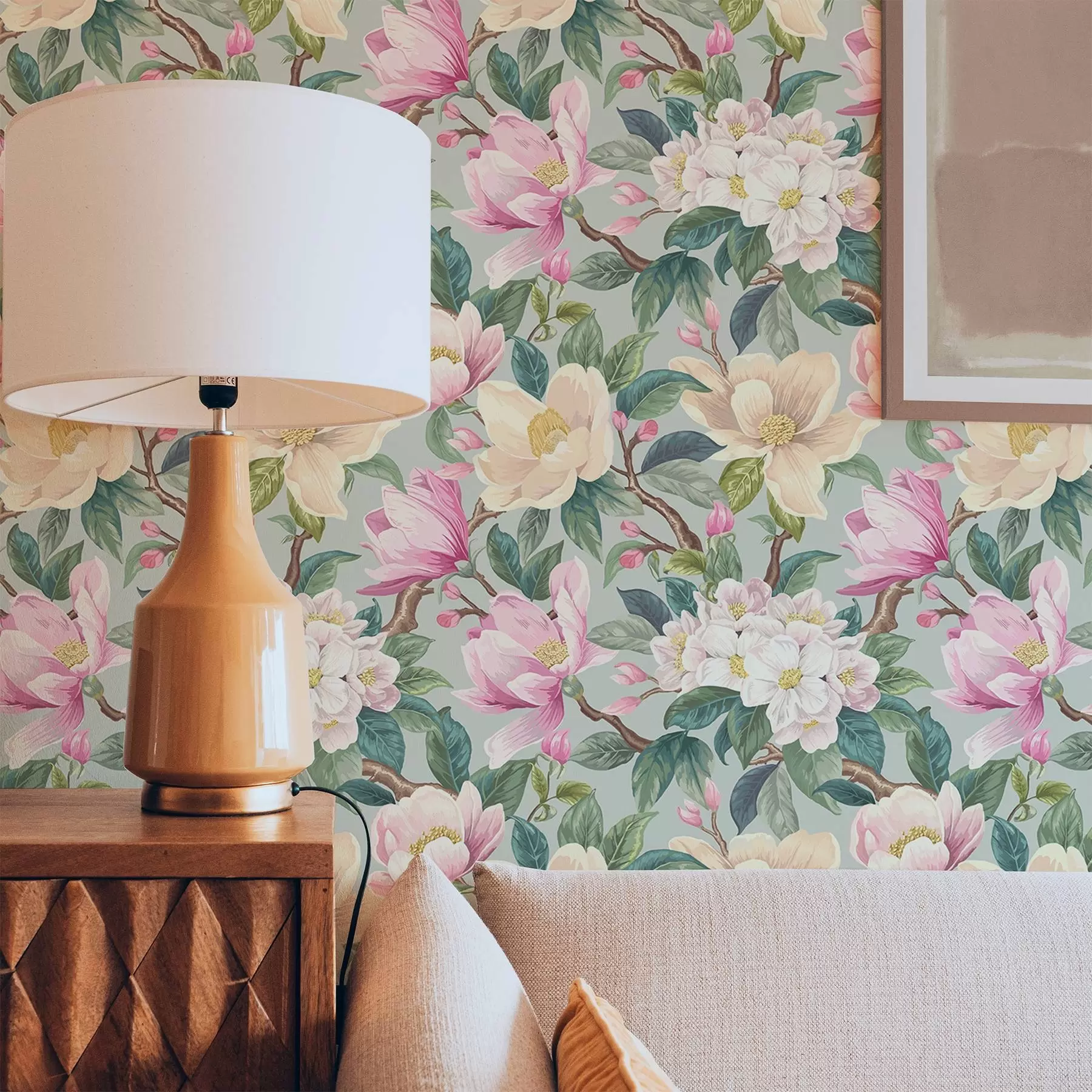 fototapet Magnolii și flori albe pe un fundal gri mentă a00644