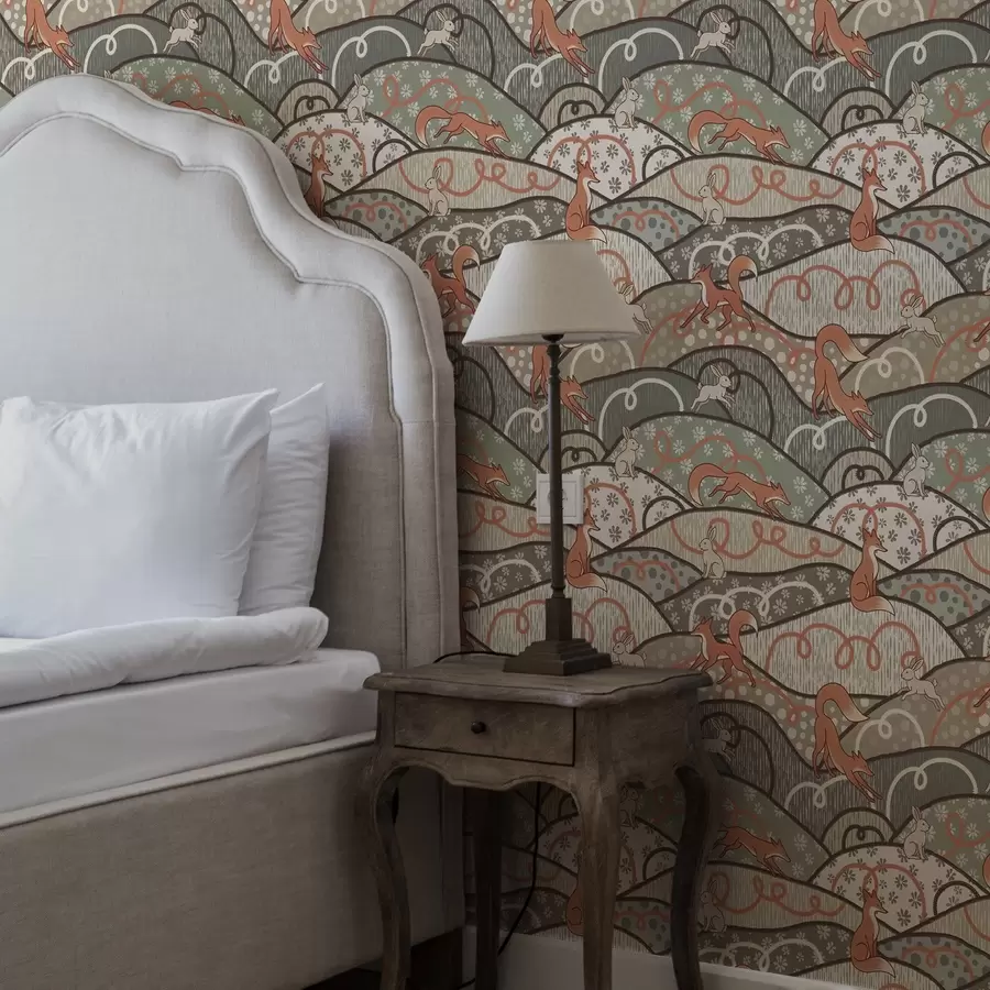 fototapet Vulpi și iepuri pe dealuri ondulate, model retro a00690