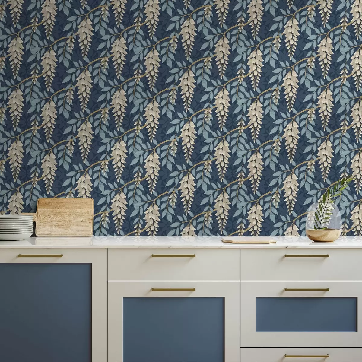 Wallpaper Glicină cu frunze albastre pe fond albastru închis a00694v2