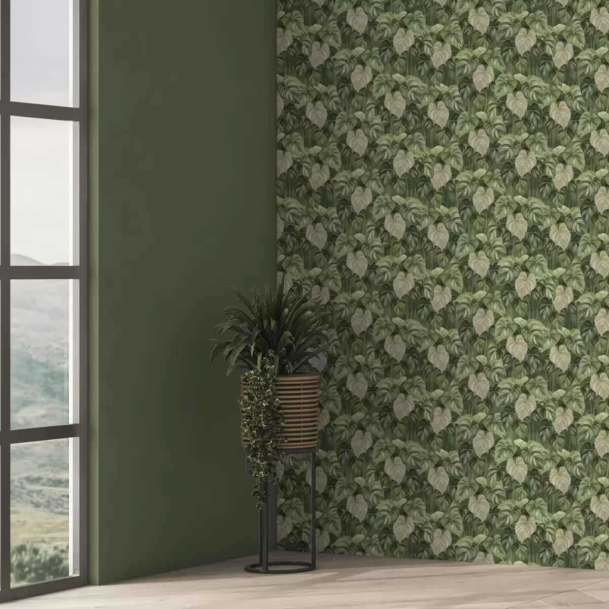 Wallpaper Frunze luxuriante de filodendron în nuanțe de verde și fildeș a00695