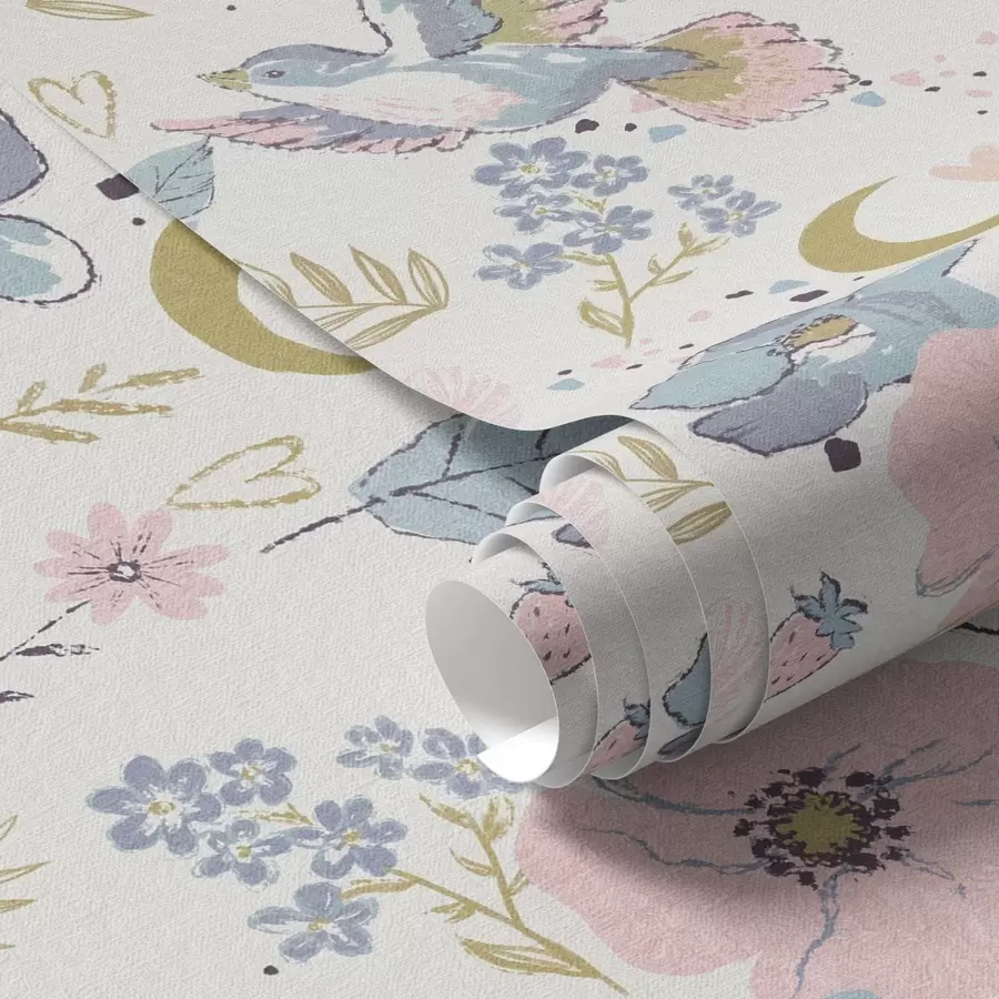 fototapet Păsări și flori pastelate cu semilune pe fond alb a00721