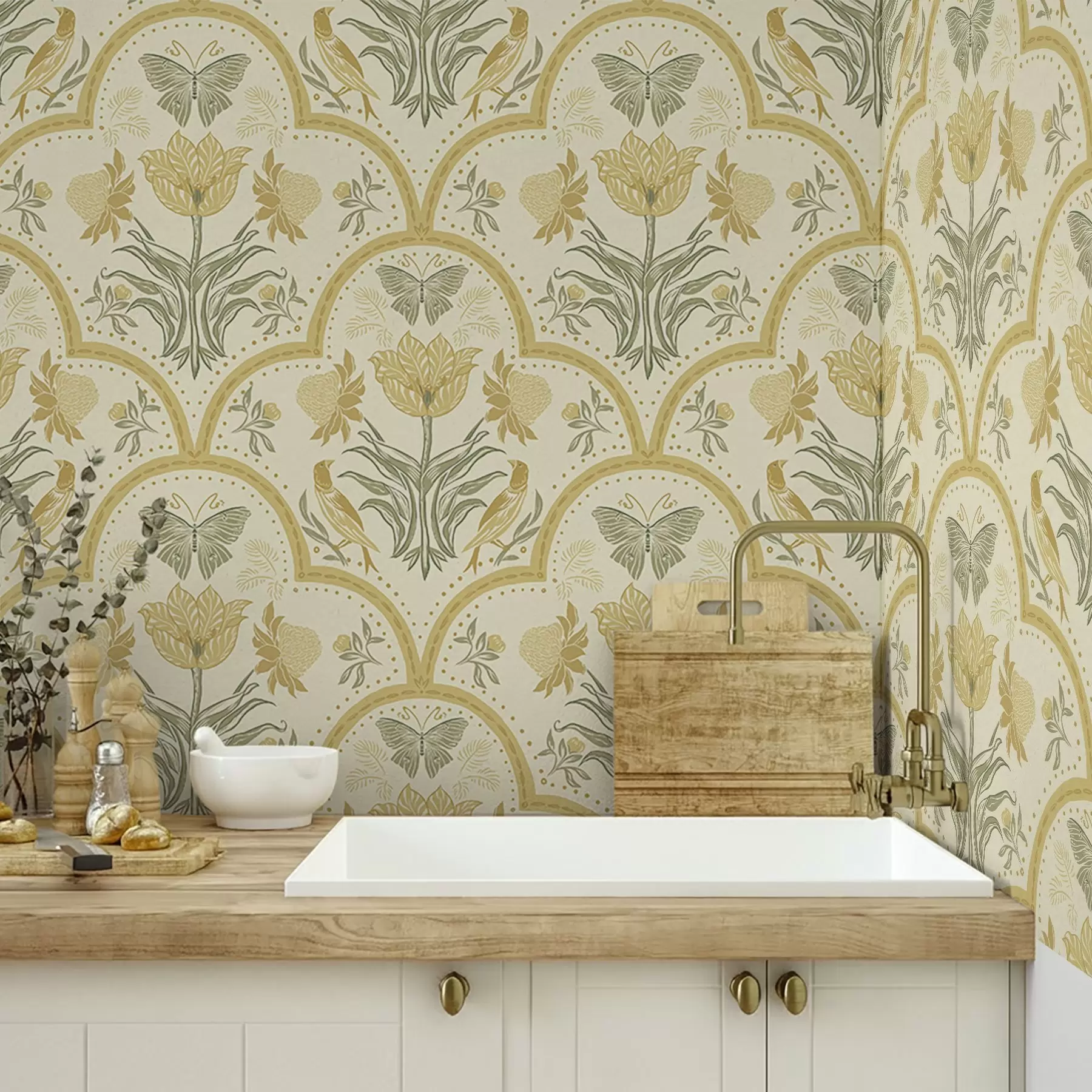 fototapet Ornament cu lalea, păsări și fluturi, ocru a00722