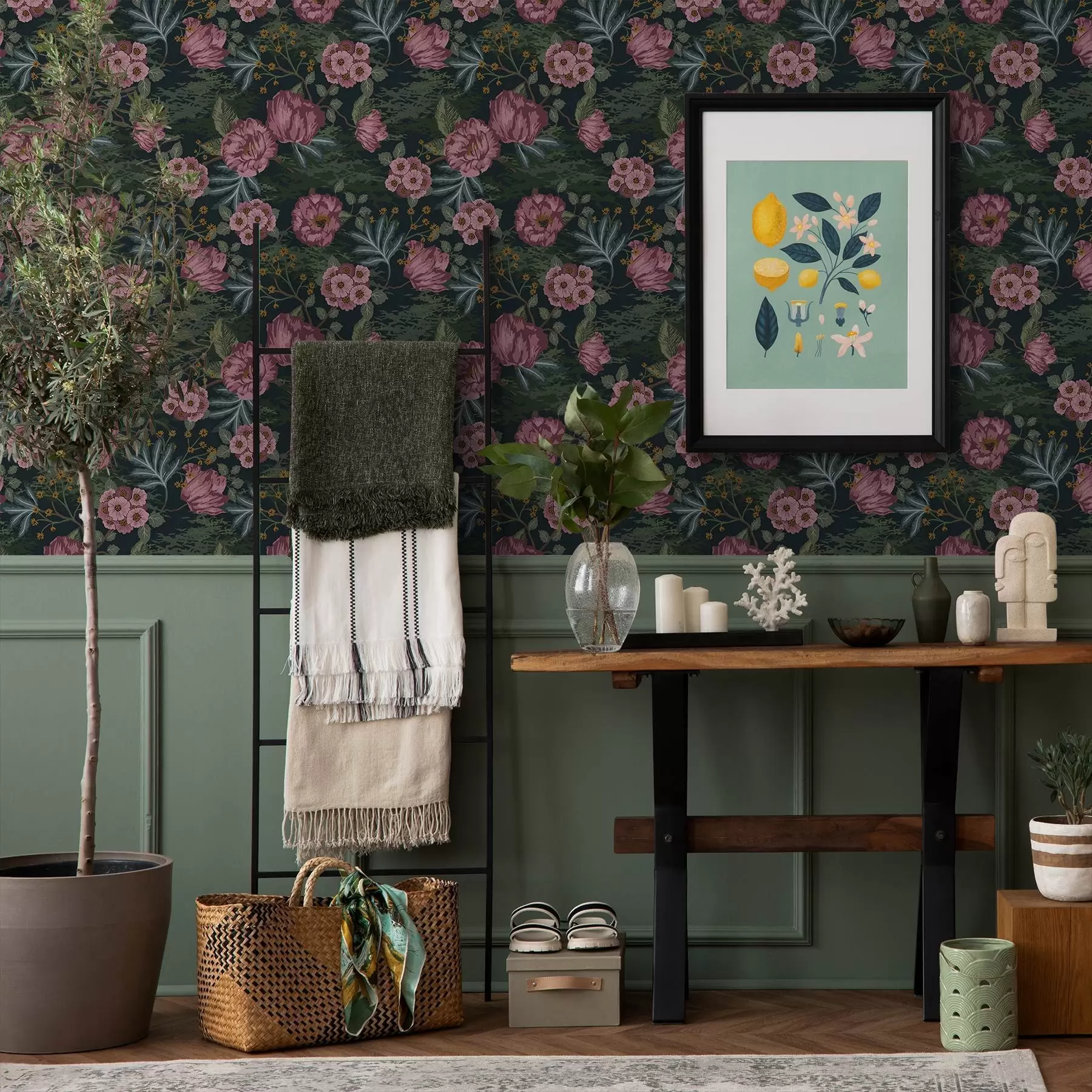 fototapet Floră întunecată cu flori și frunze roz, fundal intens a00724