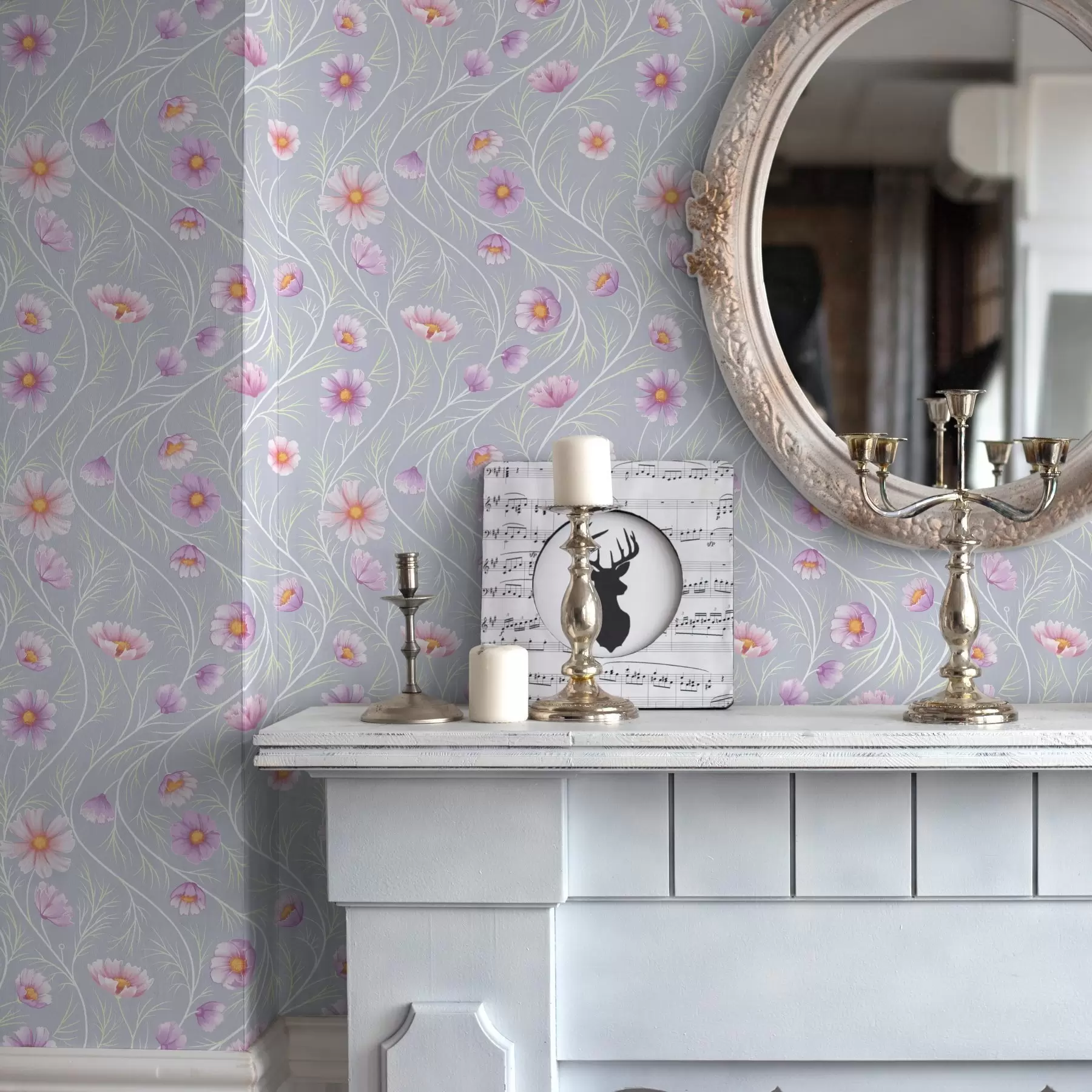 fototapet Cosmos roz și tulpini subțiri pe fond gri a00791