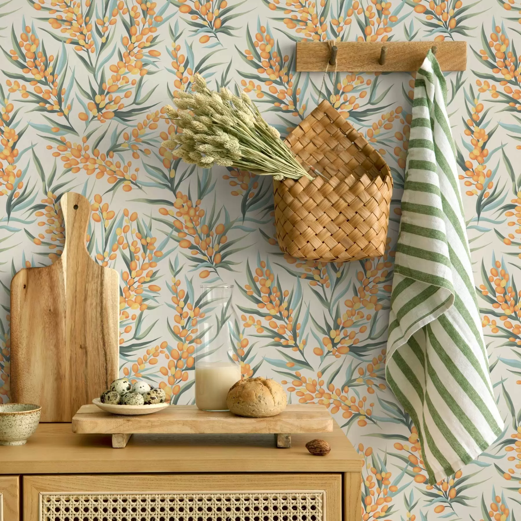 fototapet Ramuri de cătină cu fructe portocalii, fundal deschis a00792