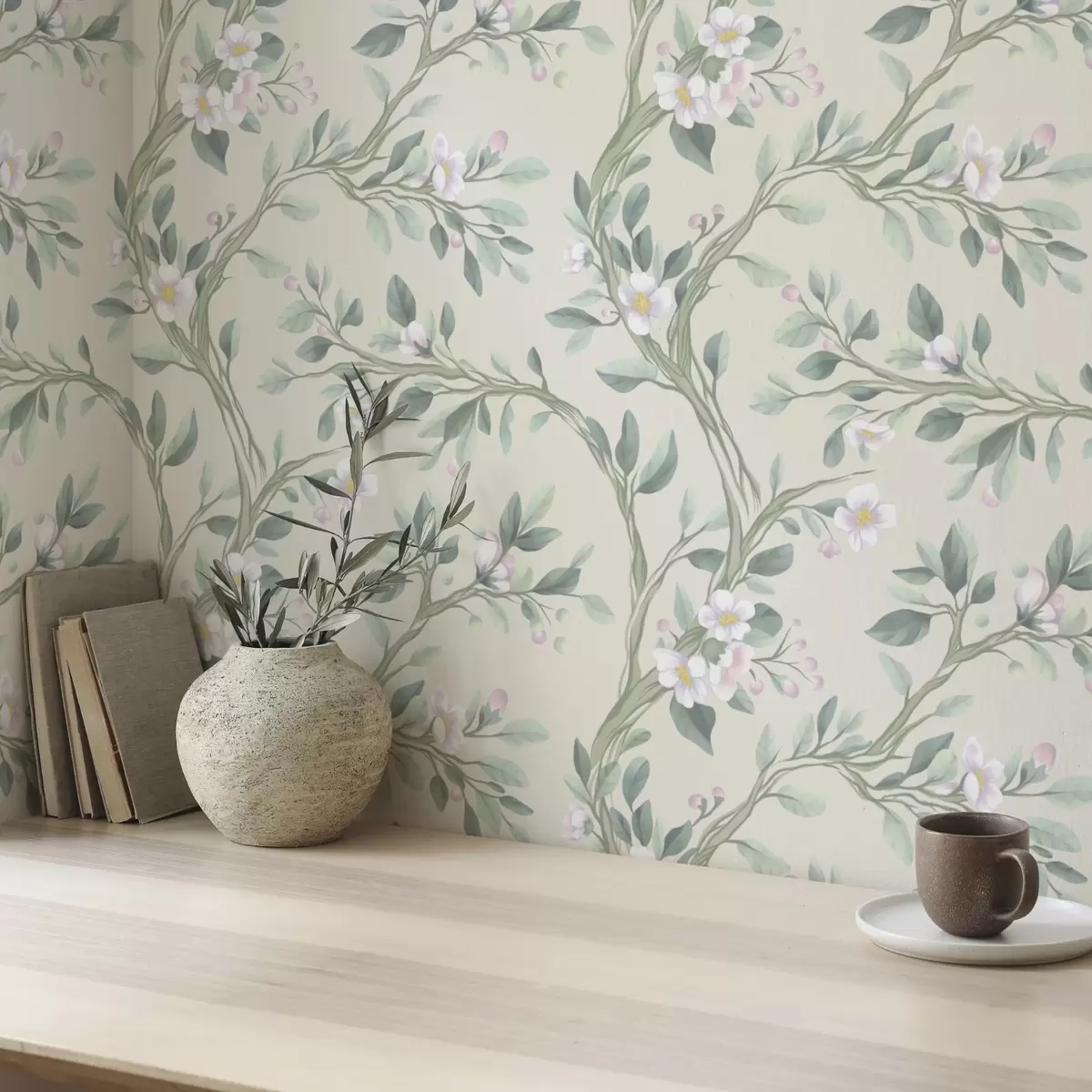 Wallpaper Ramuri delicate înflorite pe fond crem, pastelate a00793