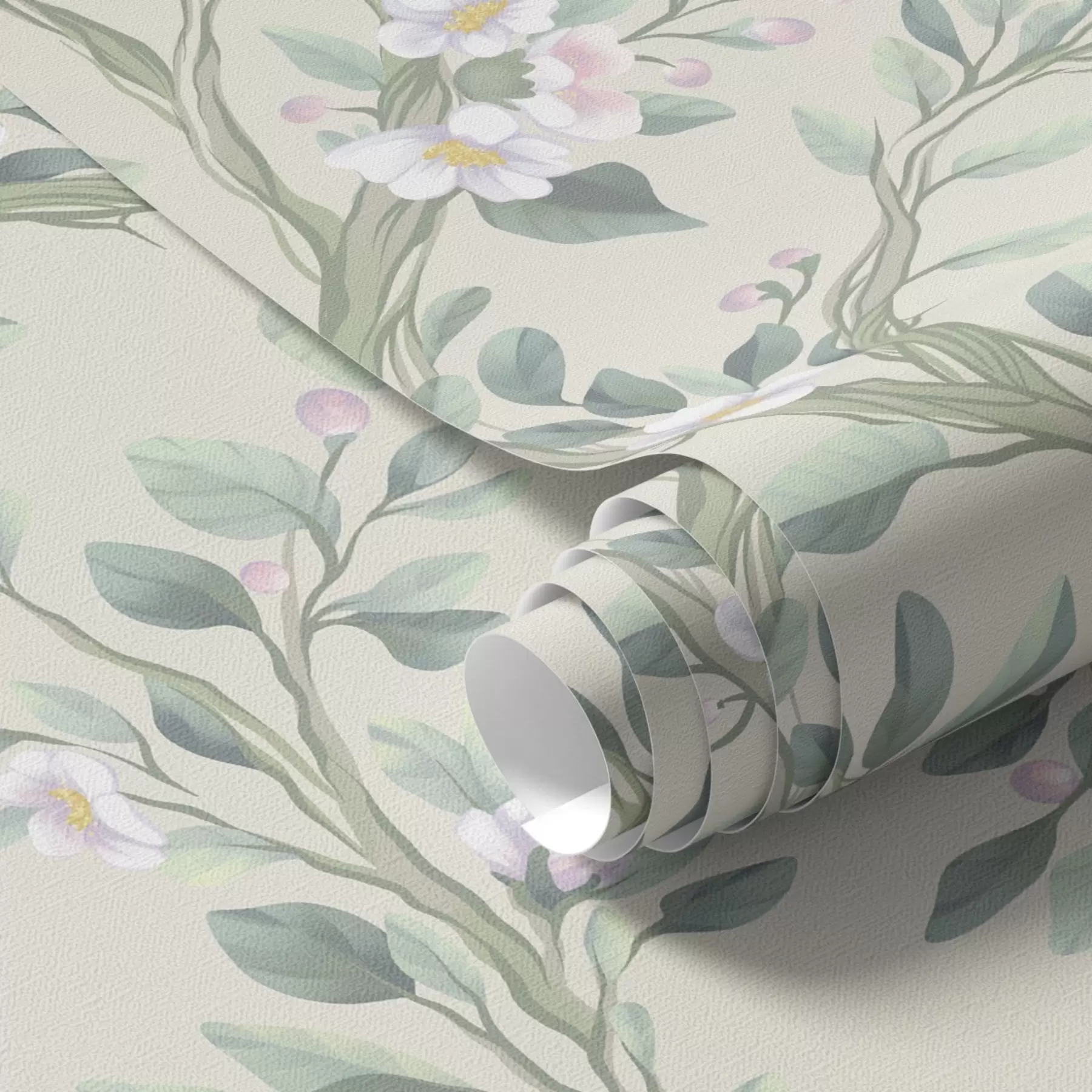 fototapet Ramuri delicate înflorite pe fond crem, pastelate a00793
