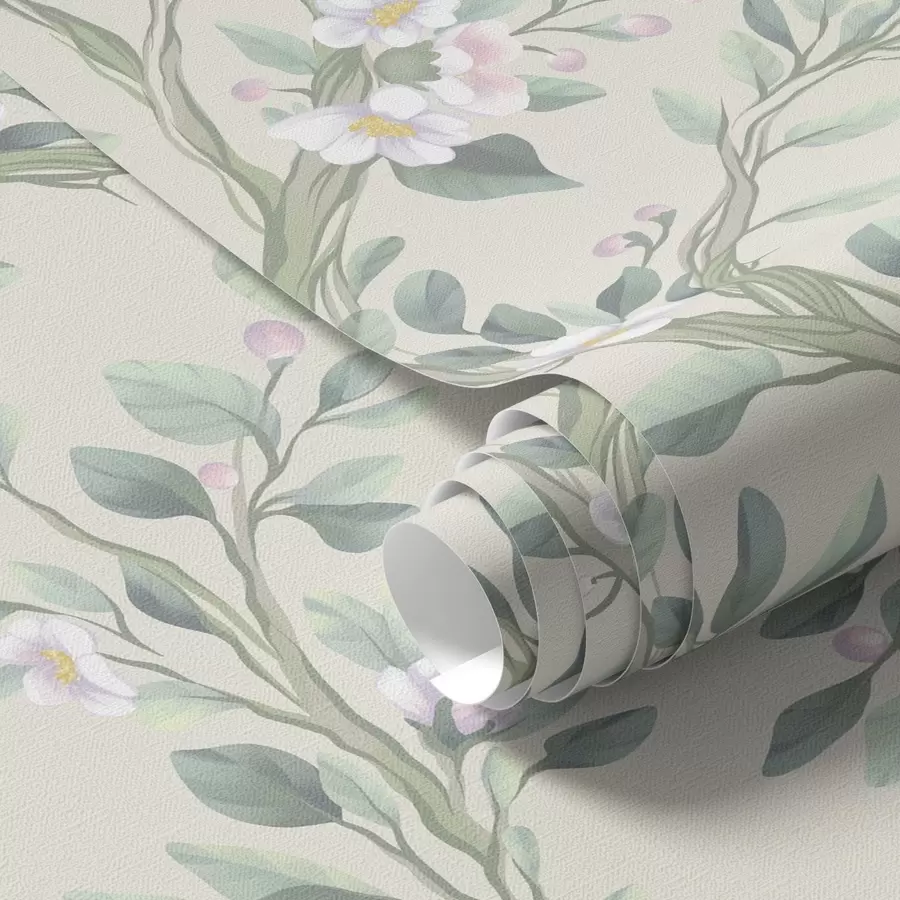 fototapet Ramuri delicate înflorite pe fond crem, pastelate a00793
