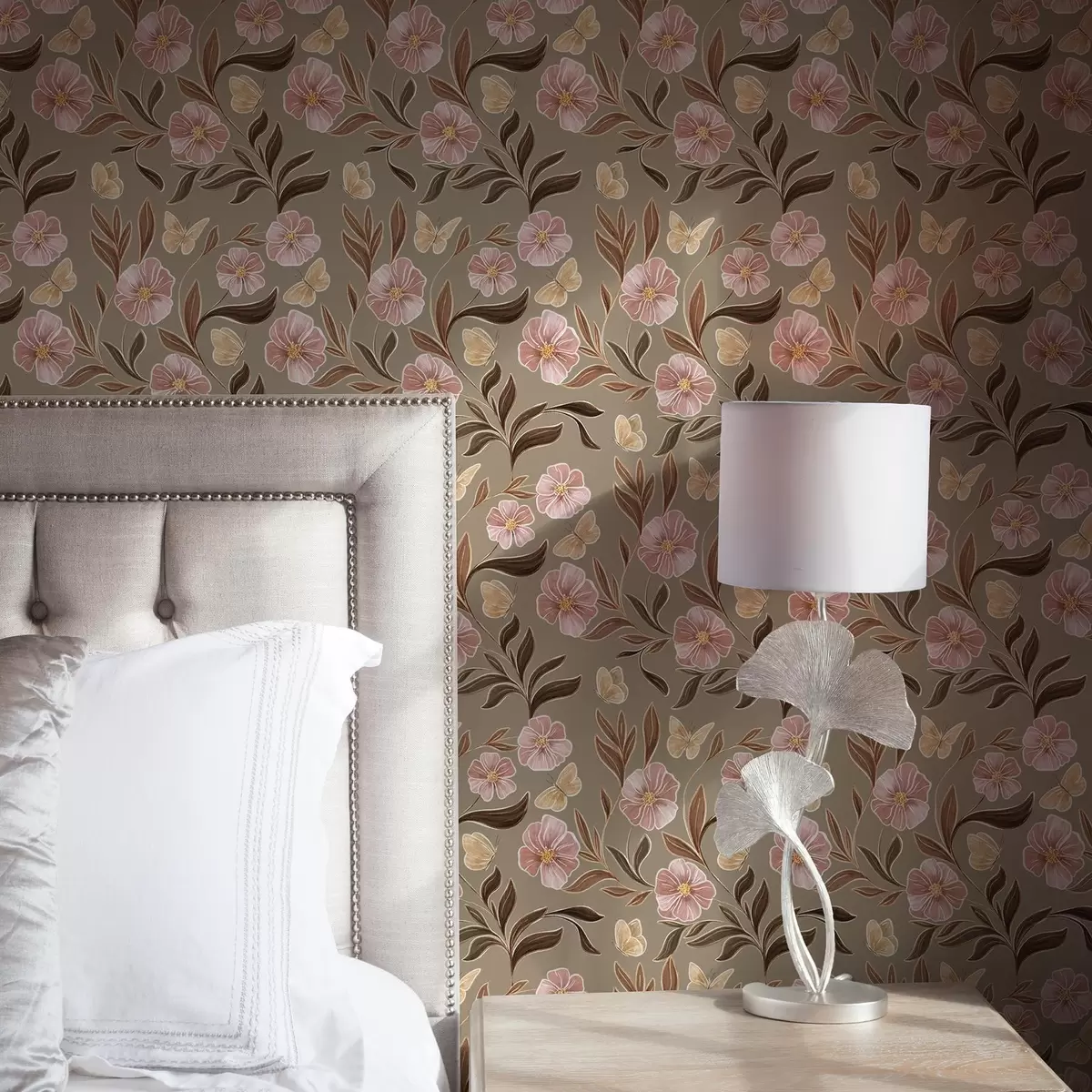 Wallpaper Flori roz și fluturi pe un fundal bej-măsliniu a00633v2