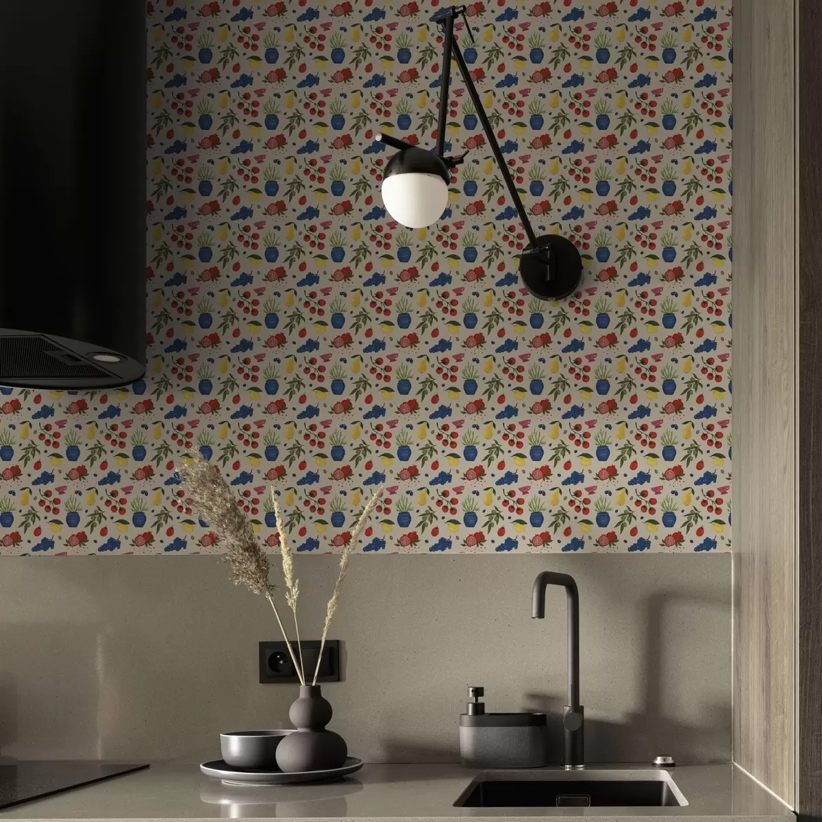 Wallpaper Model vibrant cu fructe, ramuri și vaze a00637