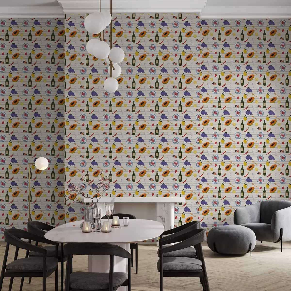 Wallpaper Imprimare pentru bucătărie cu fructe, pahare și farfurii a00638