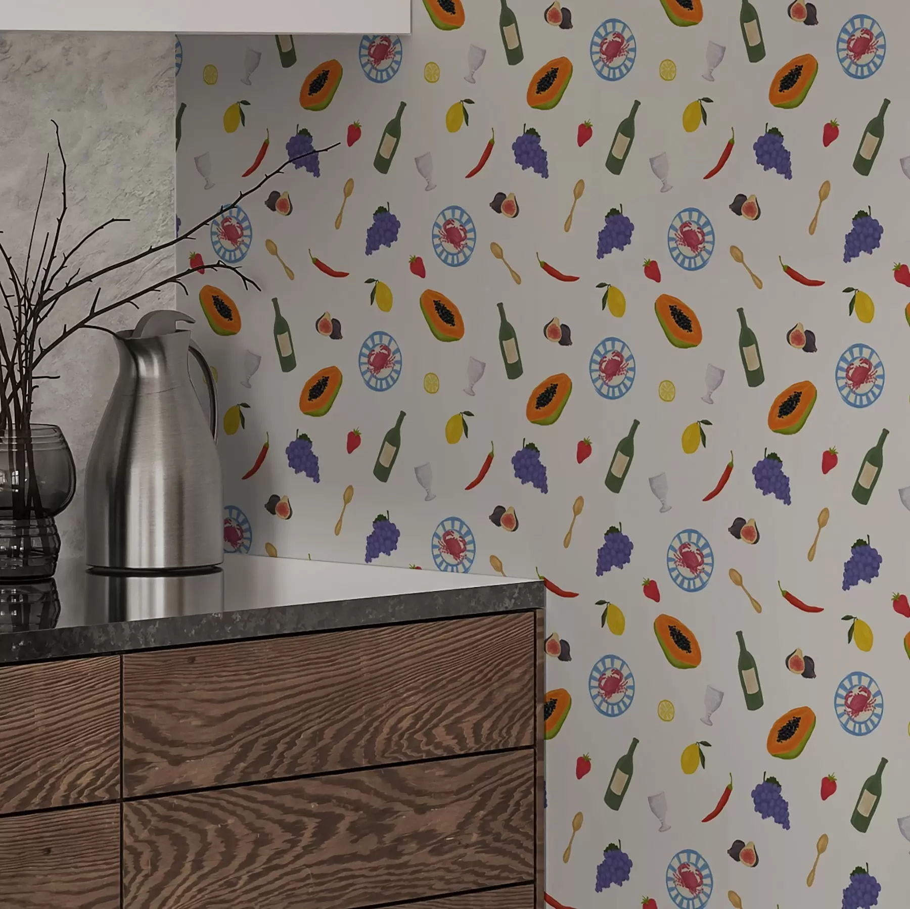 fototapet Fructe aranjate, vin și condimente pe un fundal deschis a00639