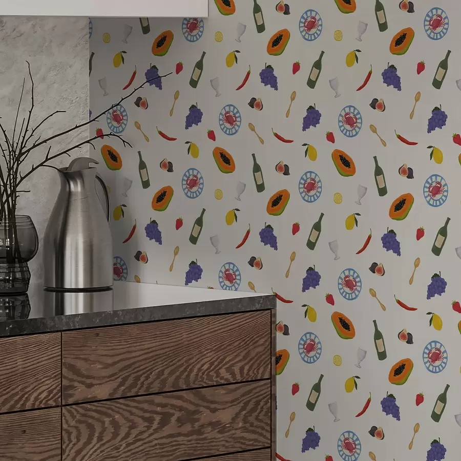 fototapet Fructe aranjate, vin și condimente pe un fundal deschis a00639