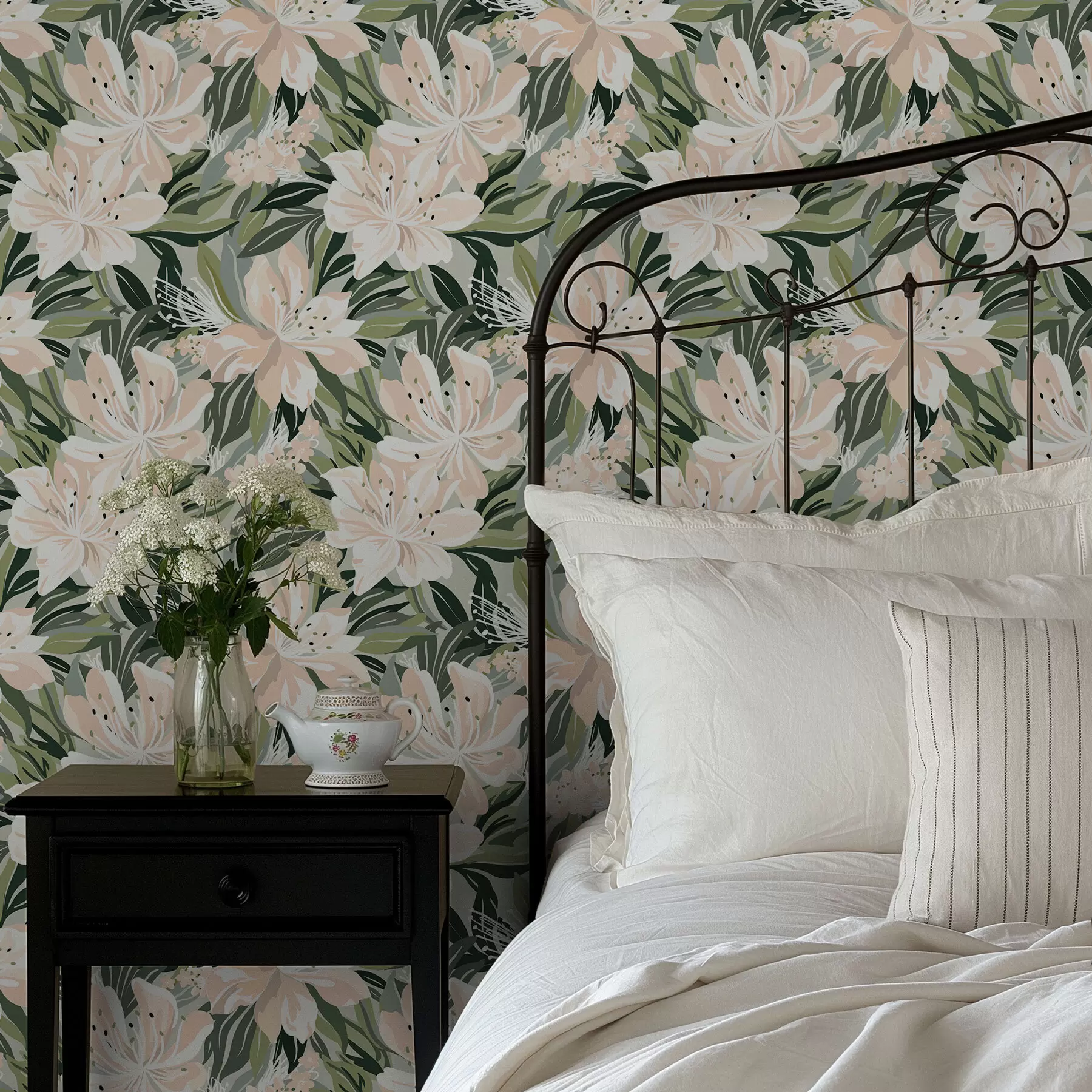 fototapet Flori mari de culoare crem pe un fundal verde deschis a00646