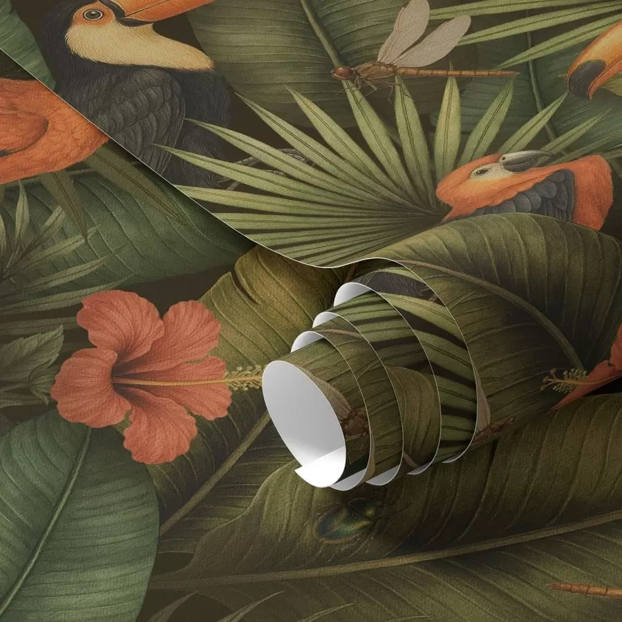 fototapet Tucani și papagali printre frunzișul tropical și flori a00702