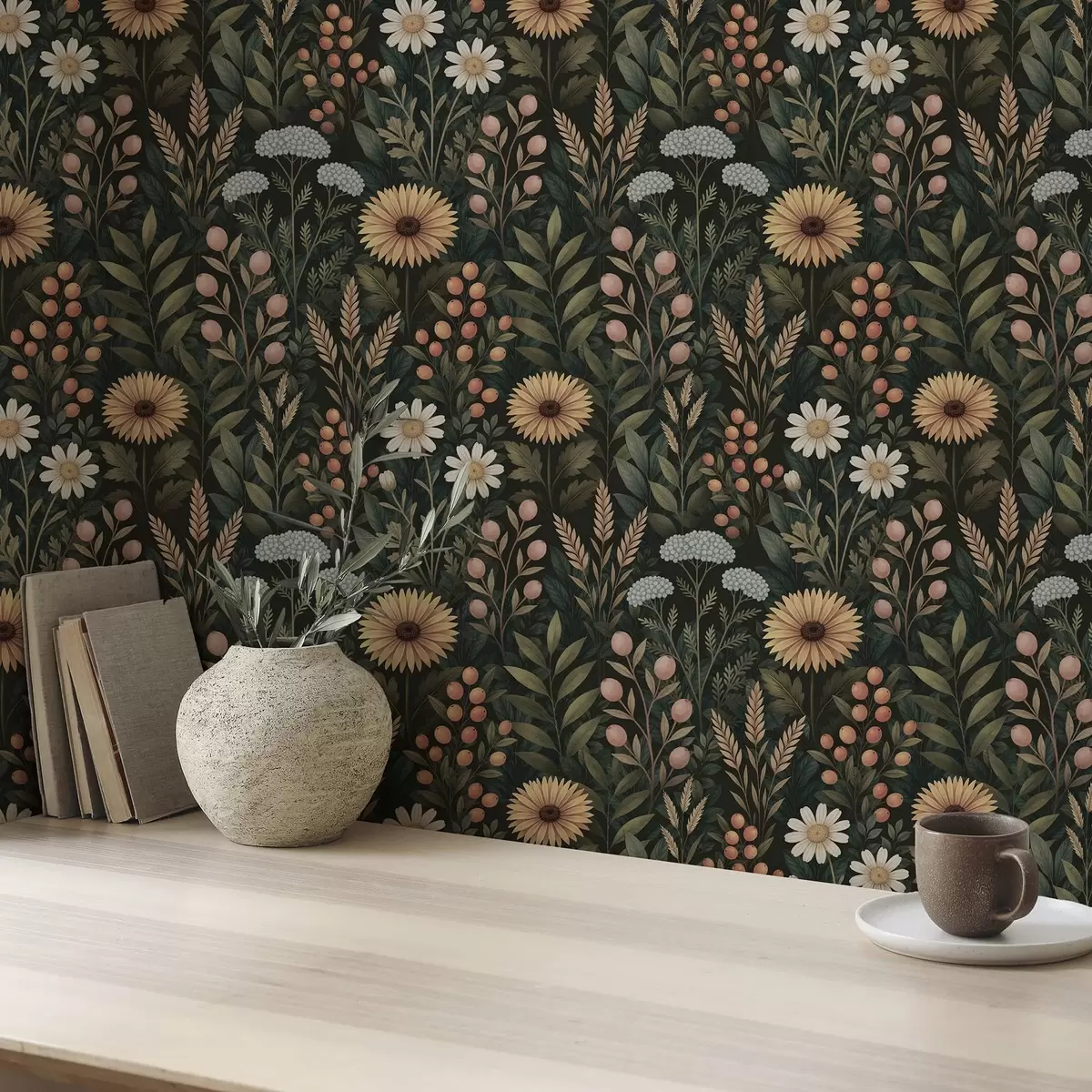 Wallpaper Flori sălbatice și fructe de pădure pe un fundal întunecat, ornament natural a00707