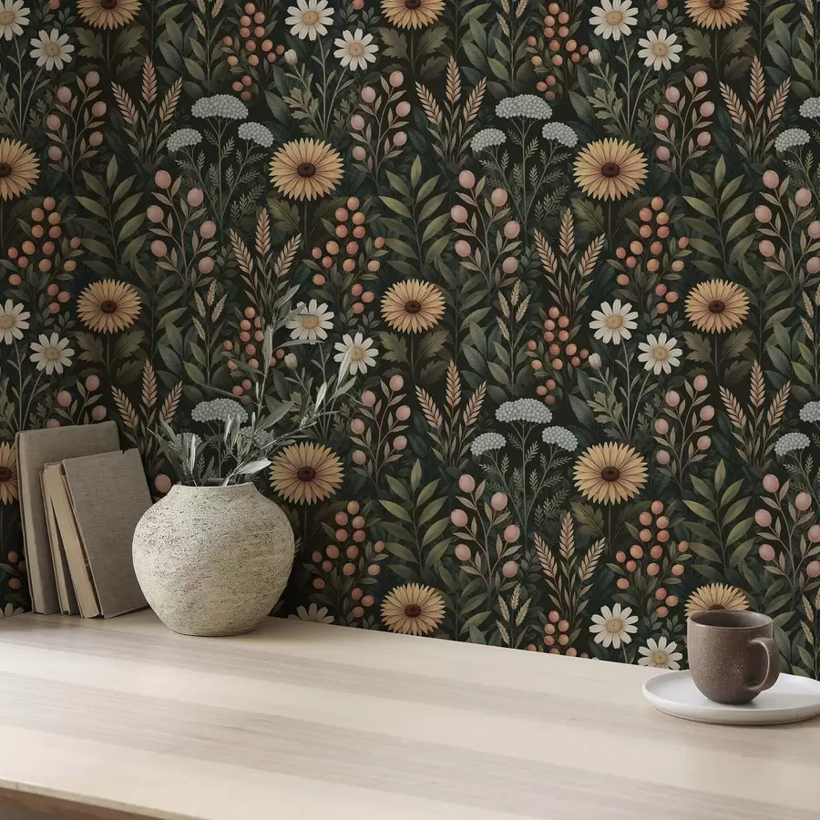 fototapet Flori sălbatice și fructe de pădure pe un fundal întunecat, ornament natural a00707