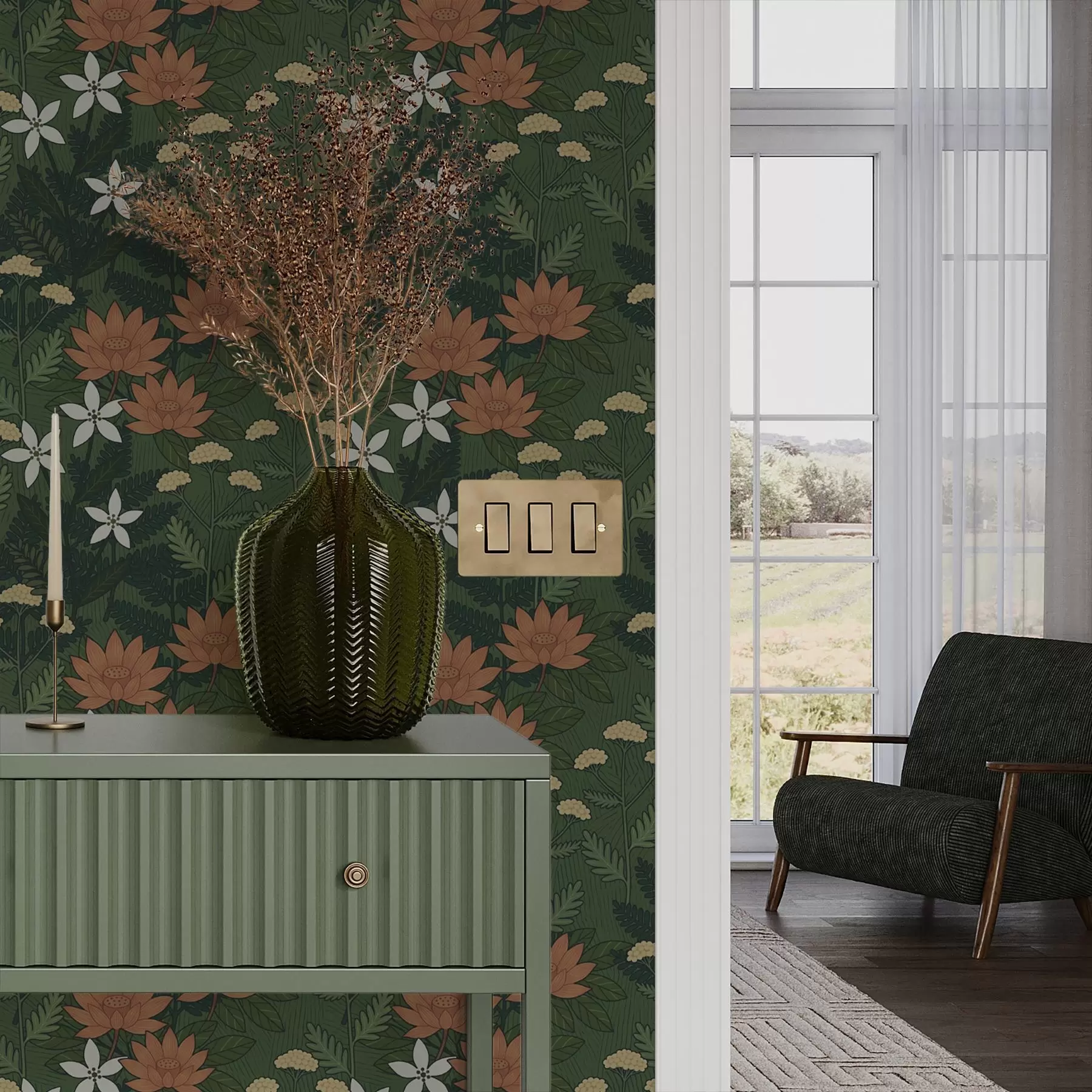 fototapet Flori mari printre frunzișul verde, compoziție decorativă a00708