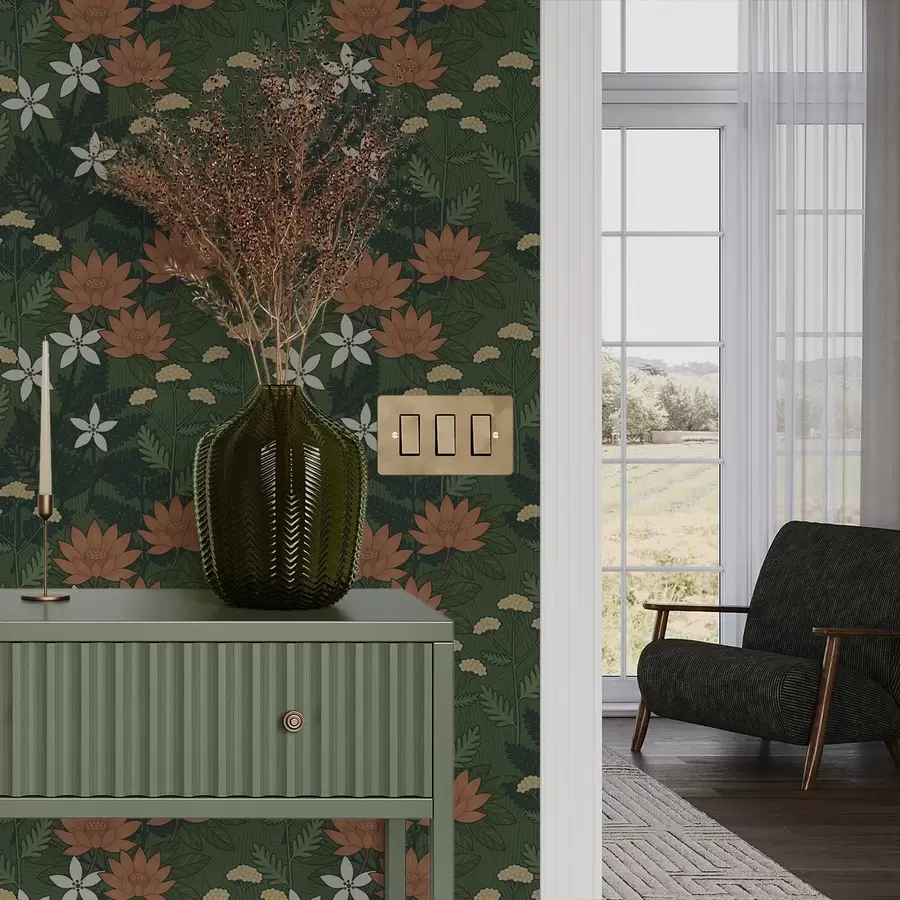 fototapet Flori mari printre frunzișul verde, compoziție decorativă a00708