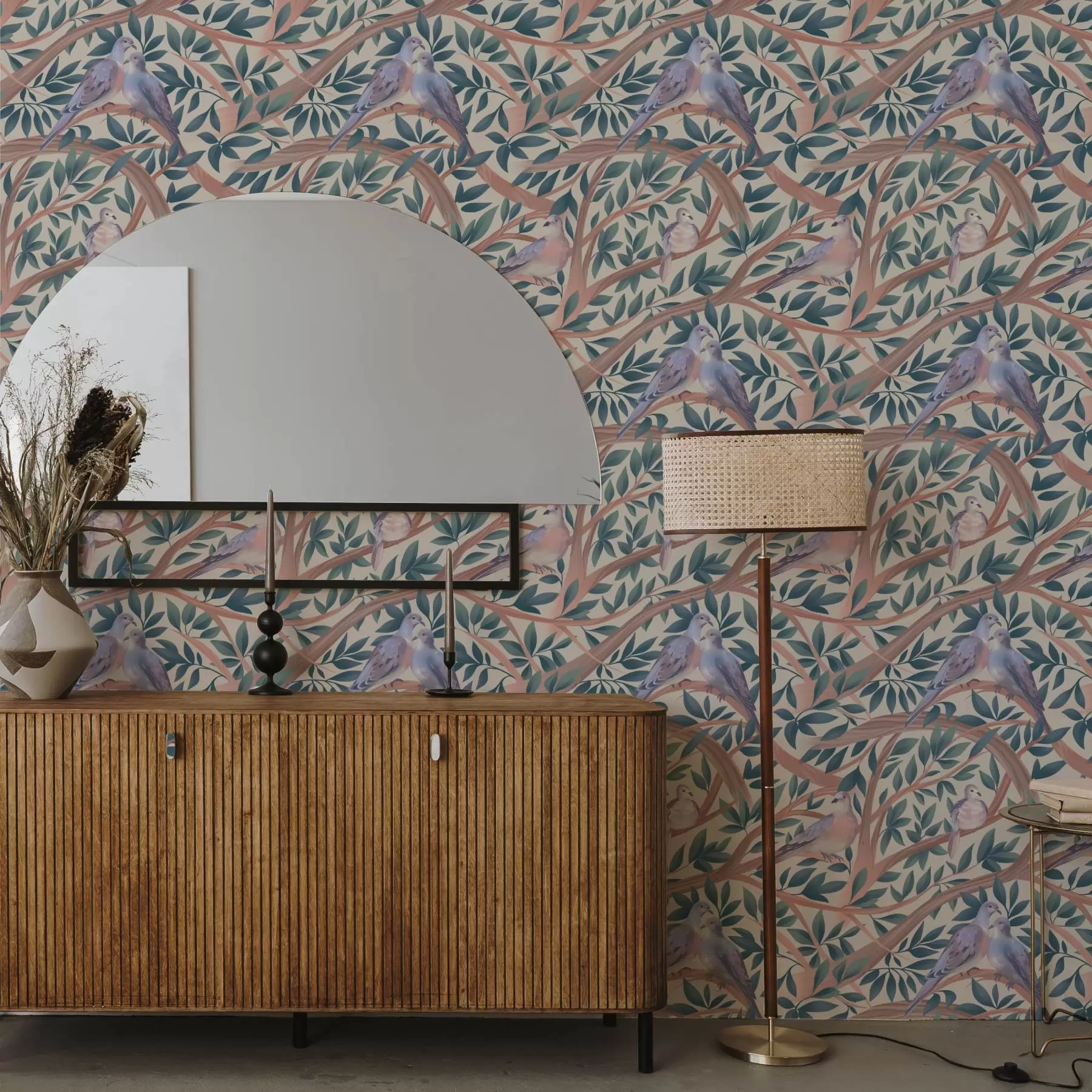 fototapet Porumbei printre ramuri și frunze într-o paletă pastelată delicată a00796