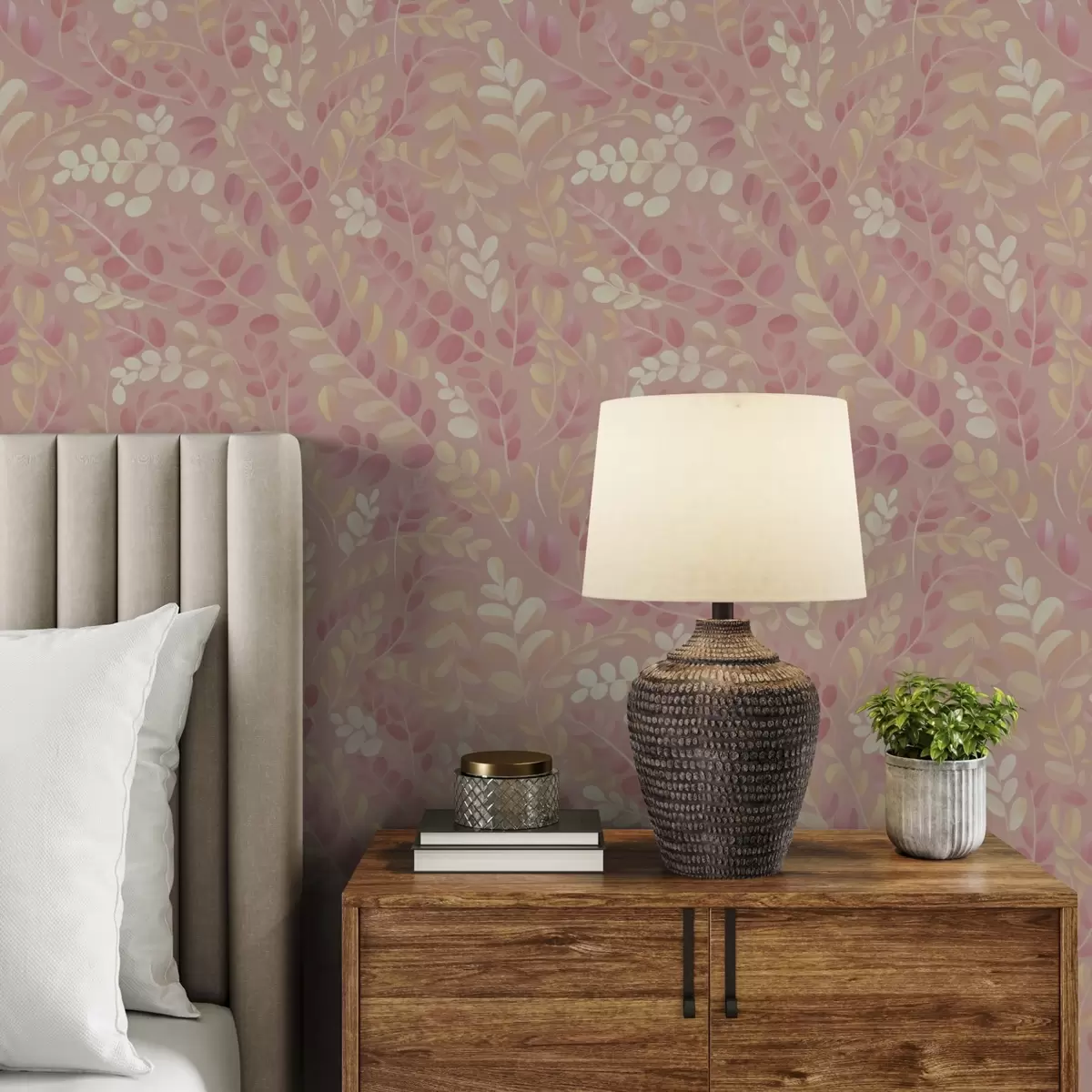 Wallpaper Frunziș delicat de culoare roz-piersic, cu o strălucire delicată a00799