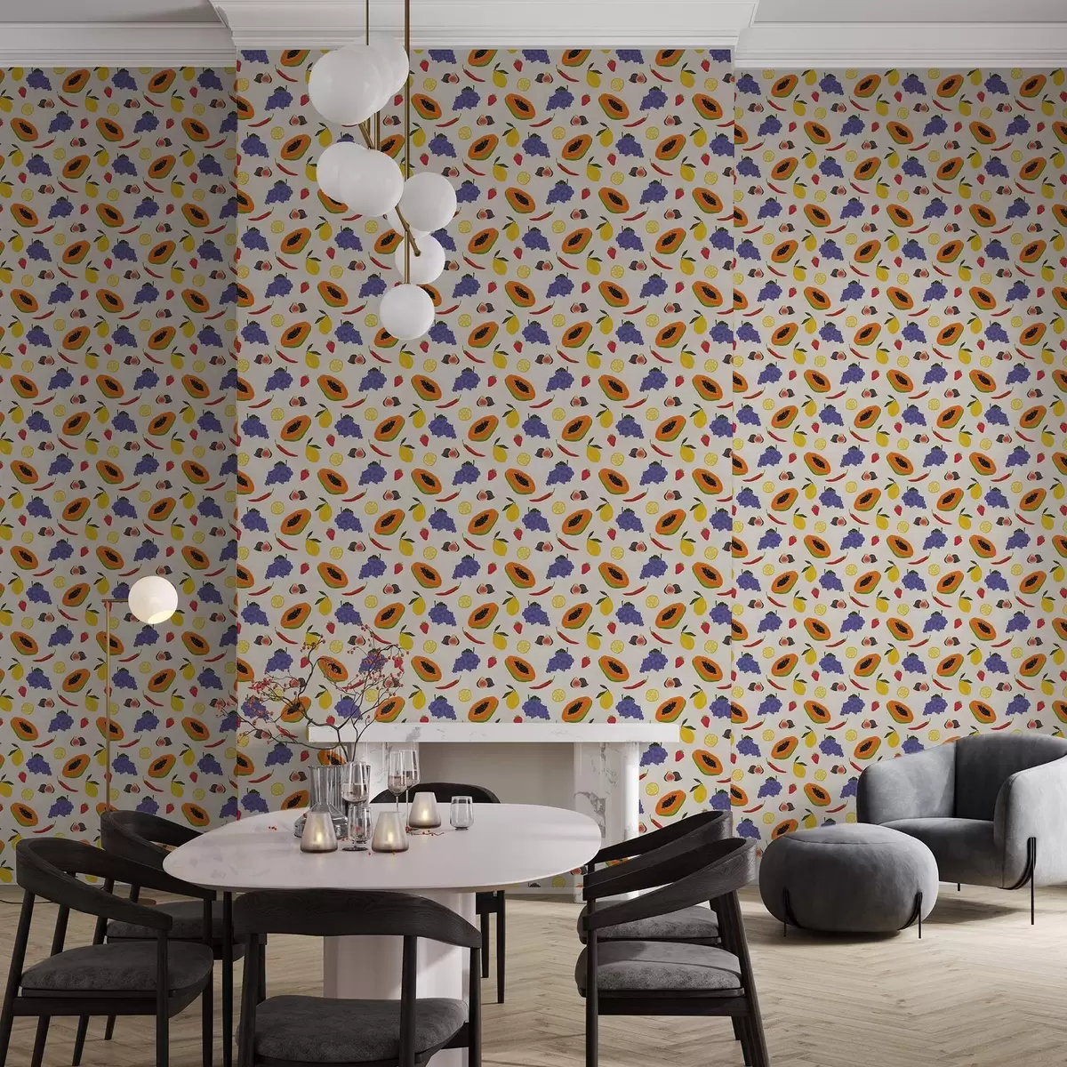 Wallpaper Papaya, struguri și lămâi — un mix de fructe viu colorat a00803