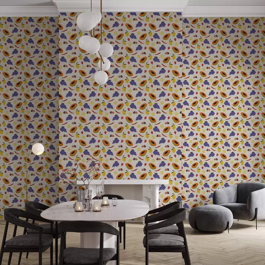 fototapet Papaya, struguri și lămâi — un mix de fructe viu colorat a00803