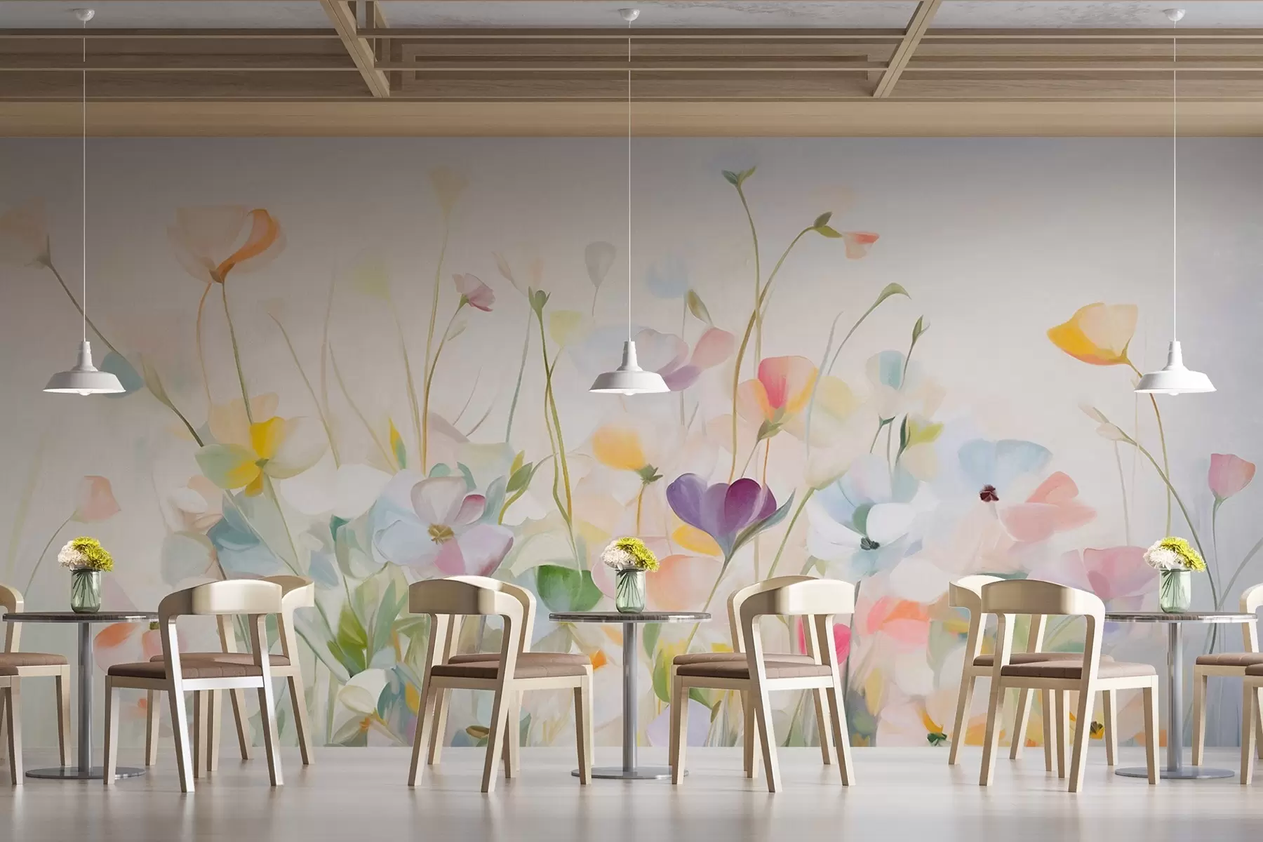 fototapet Câmp abstract de flori colorate cu tulpini lungi și frunze verzi, texturate, în culori pastelate, deschise w09466